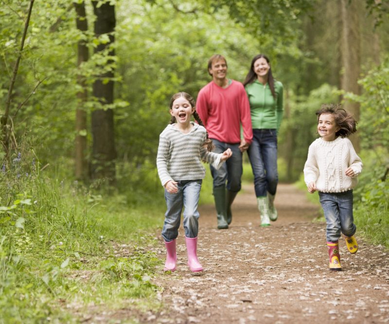 Happy family walking on a path in the woods Activities